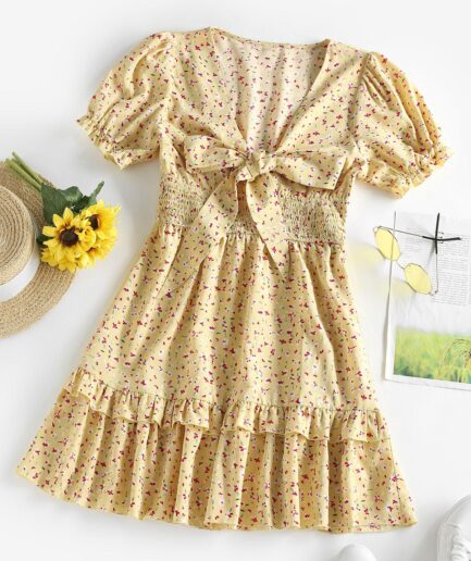 Mini Dress ZAFUL Ditsy Floral Tie Front Smocked Puff Sleeve Dress M Yellow