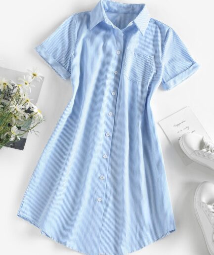 Casual Cuffed Sleeve Front Pocket Stripes Shirt Dress L Light blue