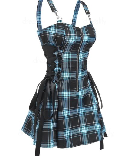 Dresslily Vintage Plaid Print Mini Dress Lace Up Dress O Ring Half Zipper Strap Sleeveless Dress L Blue