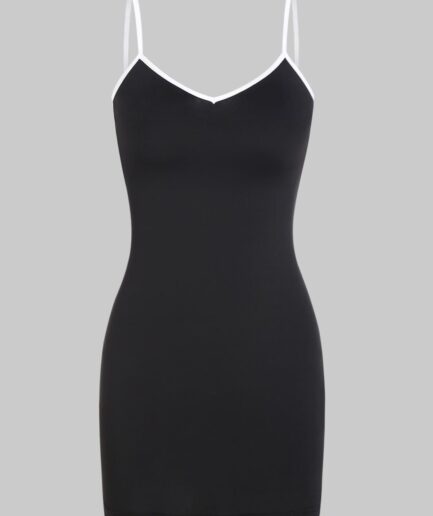 Dresslily Women Plain Contrast Binding Bodycon Slinky Mini Cami Dress Clothing M Black