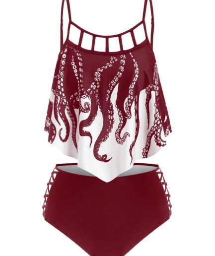 Dresslily Women Tummy Control Swimsuit Gothic Bathing Suit Octopus Print Cut Out Crisscross Summer Beach Tankini Swimwear Swimsuit M Red wine