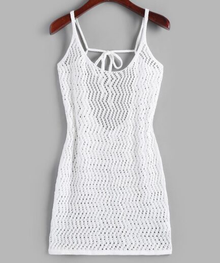 Crochet Openwork Backless Mini Beach Dress L White