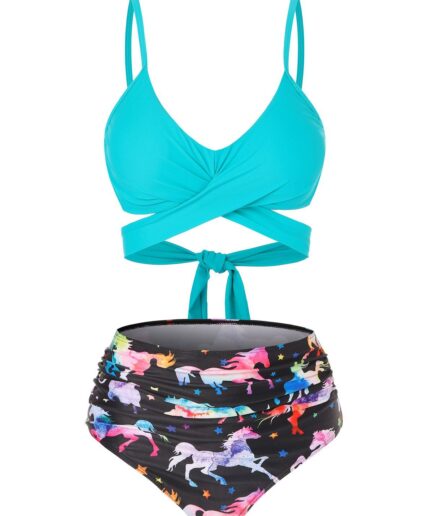Dresslily Women Tummy Control Bikini Swimsuit Cross Tied Back Animal Print Full Coverage Ruched Beach Swimwear Swimsuit M Multicolor