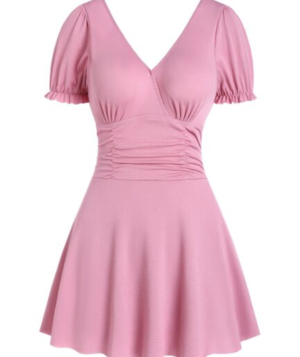 Dresslily Women Textured Ruched Puff Sleeve Skirted One-piece Swimsuit Beachwear Light pink