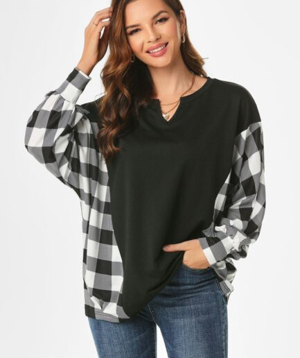 Dresslily Women Plaid Batwing Sleeve V Notched T Shirt Clothing L Black