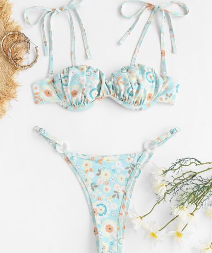 ZAFUL Floral Ruched Tie Strap O Ring Bikini Swimwear M Light blue