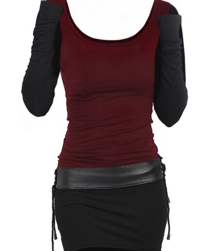 Dresslily Women Contrast Colorblock Bicolor Lace Up Bodycon Mini Dress Clothing L Red