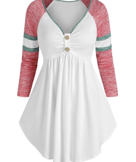 Dresslily Women Buttons V Neck Colorblock Flare T Shirt Clothing L Pink