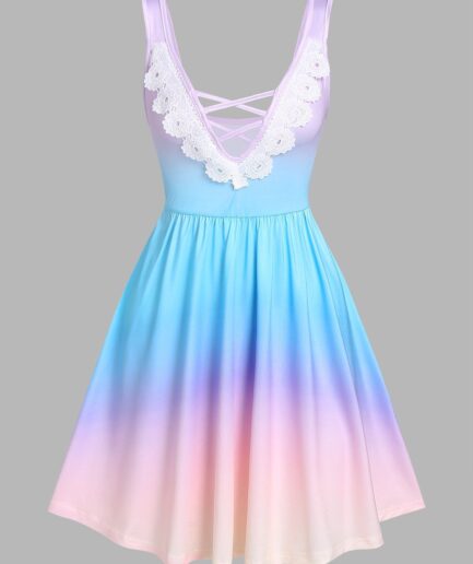 Dresslily Women Summer Colorful Ombre Color Crisscross Lace Plunging Mini Dress Clothing M Light green