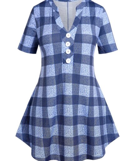 Dresslily Fashion Women Plus Size Plaid Popover T-shirt Clothing L / us 12 Blue