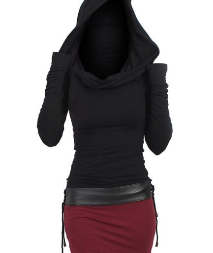 Dresslily Women Hooded Contrast Two Tone Cinched Belted Bodycon Mini Dress Clothing S Black
