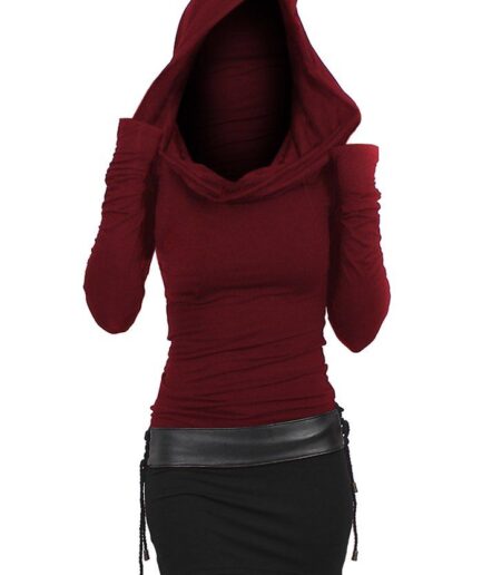 Dresslily Women Hooded Contrast Two Tone Cinched Belted Bodycon Mini Dress Clothing L Deep red