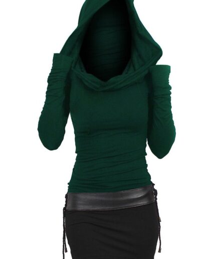 Dresslily Women Hooded Contrast Two Tone Cinched Belted Bodycon Mini Dress Clothing S Deep green
