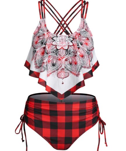Dresslily Women Bohemian Tankini Swimsuit Floral Plaid Print Swimwear Cinched Crisscross Tummy Control Bathing Suit Swimsuit M Red