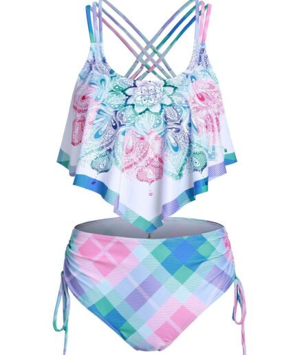 Dresslily Women Bohemian Tankini Swimsuit Floral Plaid Print Swimwear Cinched Crisscross Tummy Control Bathing Suit Swimsuit M Multicolor