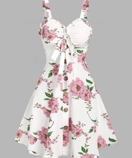 Dresslily Women Floral Print Vacation Sundress Garden Party Dress Summer Ruffled Bowknot Mini Dress Clothing L White