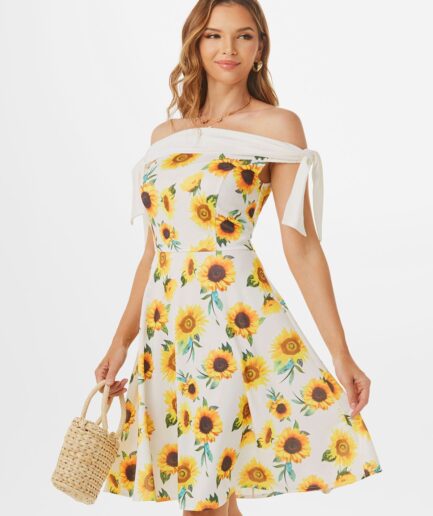 Women Summer Vacation Dress Sunflower Print Garden Party Dress Off Shoulder Tie Sleeve Mini Dress Clothing L Yellow