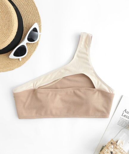 ZAFUL Ribbed Cut Out Two Tone One Shoulder Bikini Top M Coffee