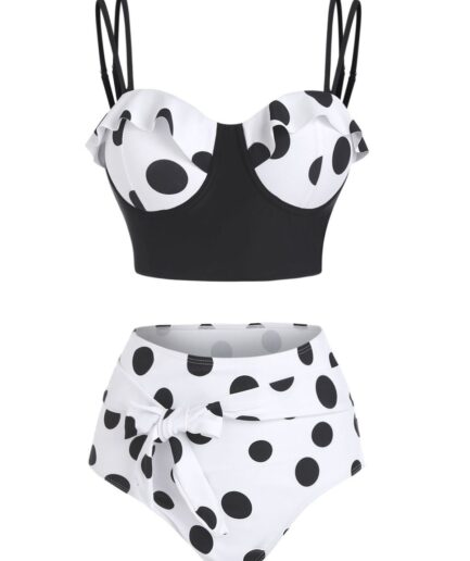 Dresslily Women Polka Dots Print Underwire Bikini Set Swimsuit L White