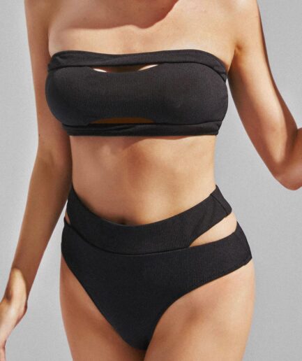 ZAFUL Ribbed Cut Out Bandeau Bikini Swimwear L Black