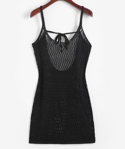 Crochet Openwork Backless Mini Beach Dress M Black