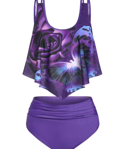 Dresslily Women Modest Tankini Swimwear Tummy Control Swimsuit Rose Butterfly Print Flounce Ruched Gothic Bathing Suit Swimsuit L Purple