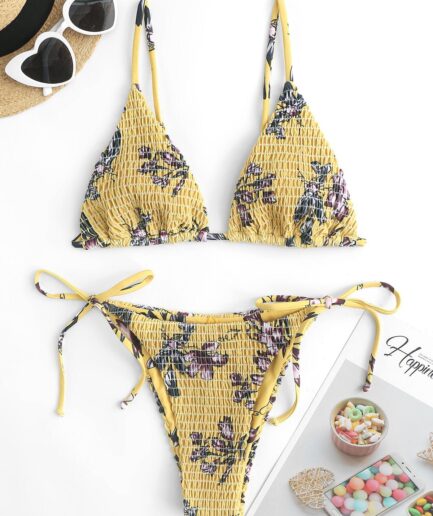 ZAFUL Daisy Flower Smocked String Bikini Swimwear M Light yellow