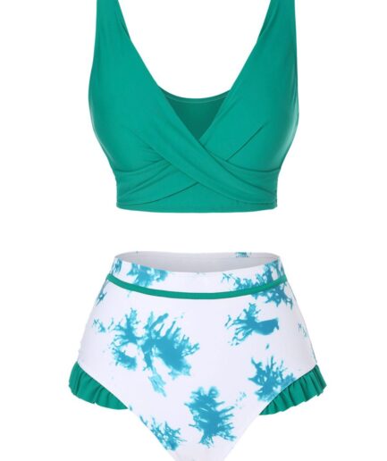 Dresslily Women Tie Dye Ruffle Twisted High Waisted Bikini Swimwear Swimsuit L Deep green
