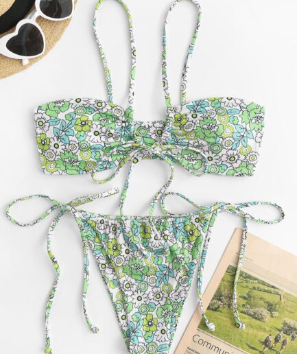 ZAFUL Ribbed Ditsy Print Tied Loincloth Bikini Swimwear M Green