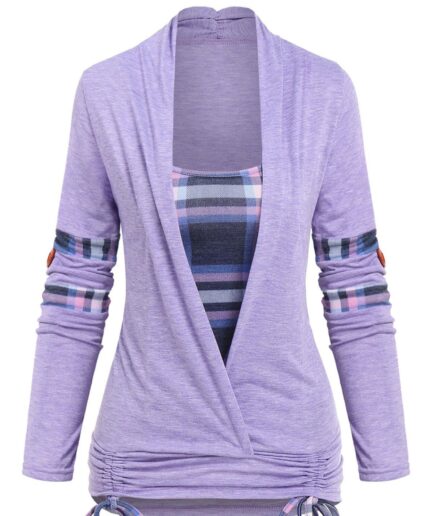 Dresslily Women Plaid Cinched Tie 2 In 1 Ruched Rolled Up Sleeve Twofer T-shirt Clothing L Light purple