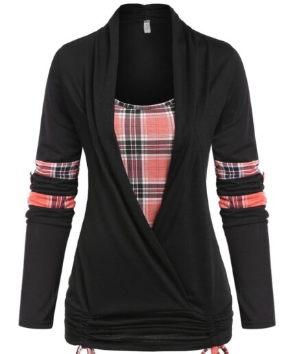 Dresslily Women Plaid Cinched Tie 2 In 1 Ruched Rolled Up Sleeve Twofer T-shirt Clothing S Black