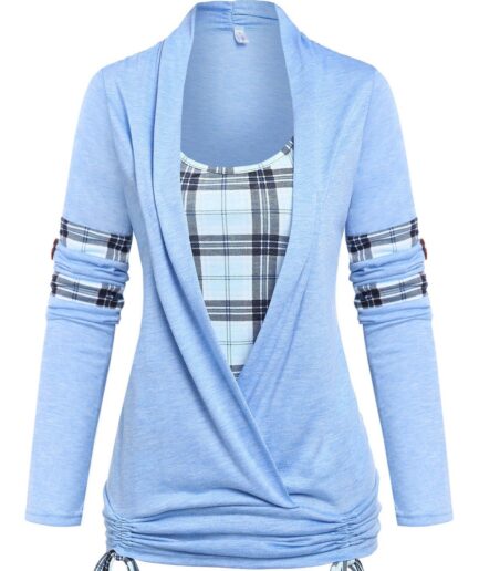 Dresslily Women Plaid Cinched Tie 2 In 1 Ruched Rolled Up Sleeve Twofer T-shirt Clothing L Light blue