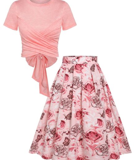 Women Cross Wrap Bowknot Heathered Top and Butterfly Rose Flower Pleated Skirt Outfit L Light pink