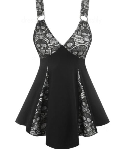 Dresslily Women Gothic Plunging V Neck Skull Lace Panel Corset Slit Skirted Tank Top Clothing L White