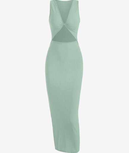 Bodycon Dress Rib-knit Twist Cutout Split Side Slinky Tank Dress L Green