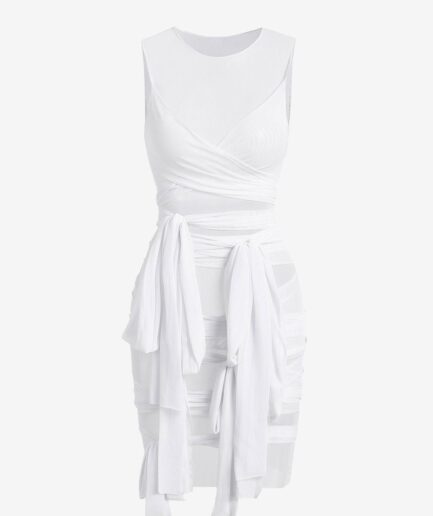 Bodycon Dress Sheer Mesh Wrap-tie Slinky Bandage Dress L White