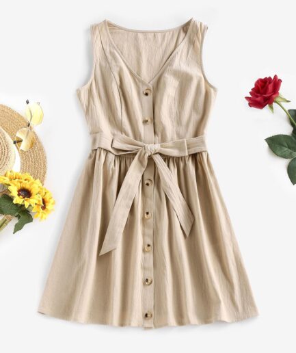 Casual ZAFUL Button Front Belted A Line Tank Dress M Light coffee