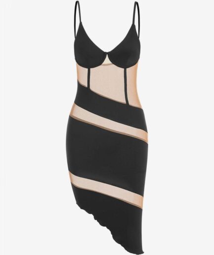 Bodycon Dress Mesh Panel Slinky Asymmetrical Corset Bustier Dress M Black