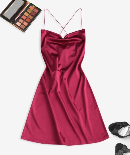 Mini Dress ZAFUL Lace Up Open Back Satin Party Vegas Dress L Deep red