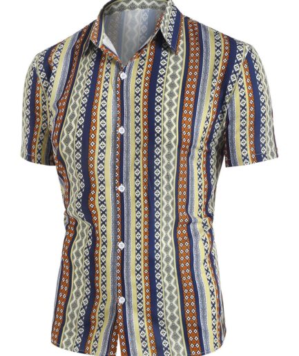 Clothing Online Tribal Pattern Stripe Short Sleeve Shirt M Multicolor
