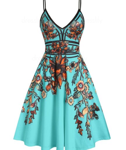 Women Summer Vacation Sundress Floral Leaf Printed Garden Party Dress Flare A Line Slip Mini Dress Clothing L Light green