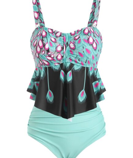 Dresslily Women Bohemian Tankini Swimwear Modest Swimsuit Peacock Feather High Rise Ruched Beach Bathing Suit Swimsuit M Green