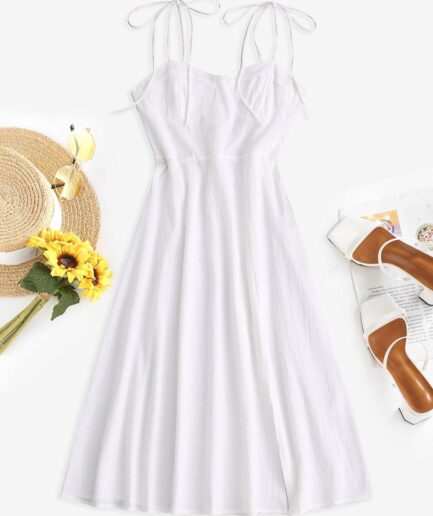 Casual Tie Shoulder Shirred Back Split Hem Bustier Dress M White