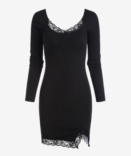 Bodycon Dress Ribbed Lace Panel Slit Bodycon Dress L Black