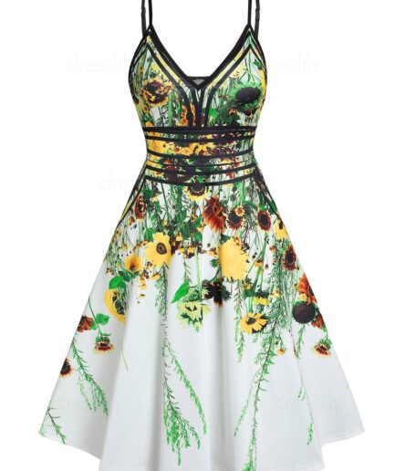 Women Summer Vacation Sundress Floral Leaf Printed Garden Party Dress Flare A Line Slip Mini Dress Clothing L Light yellow