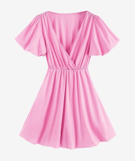 Casual ZAFUL Puff Sleeve Bubble Hem Surplice Mini Dress M Light pink