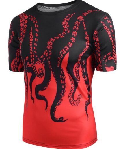 Men T-Shirts Short Sleeve Octopus Printed T-shirt Clothing Online M Red