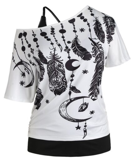 Dresslily Fashion Women Plus Size Top Feather Print Skew Neck T-shirt and Crisscross Lace Insert Tank Top Twinset Clothing L White