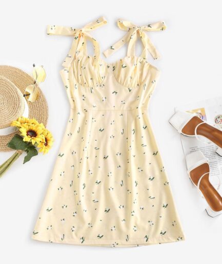 Print Floral Tie Strap Ruched Balconette Mini Dress M Light yellow