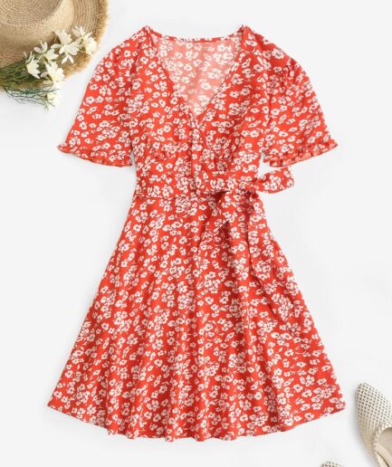 Mini Dress Floral Frilled Belted A Line Mini Dress M Red